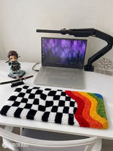 Wavy checkerboard abstract keyboard hand-tufted wool rug with retro optical gaming setup aesthetic design by Mayur Rugs