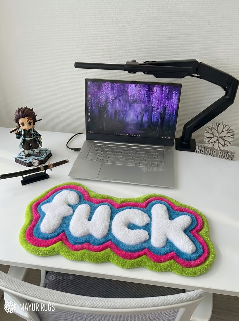 Abstract FUCK 3D keyboard hand-tufted wool rug with hyperpop gaming setup aesthetic by Mayur Rugs