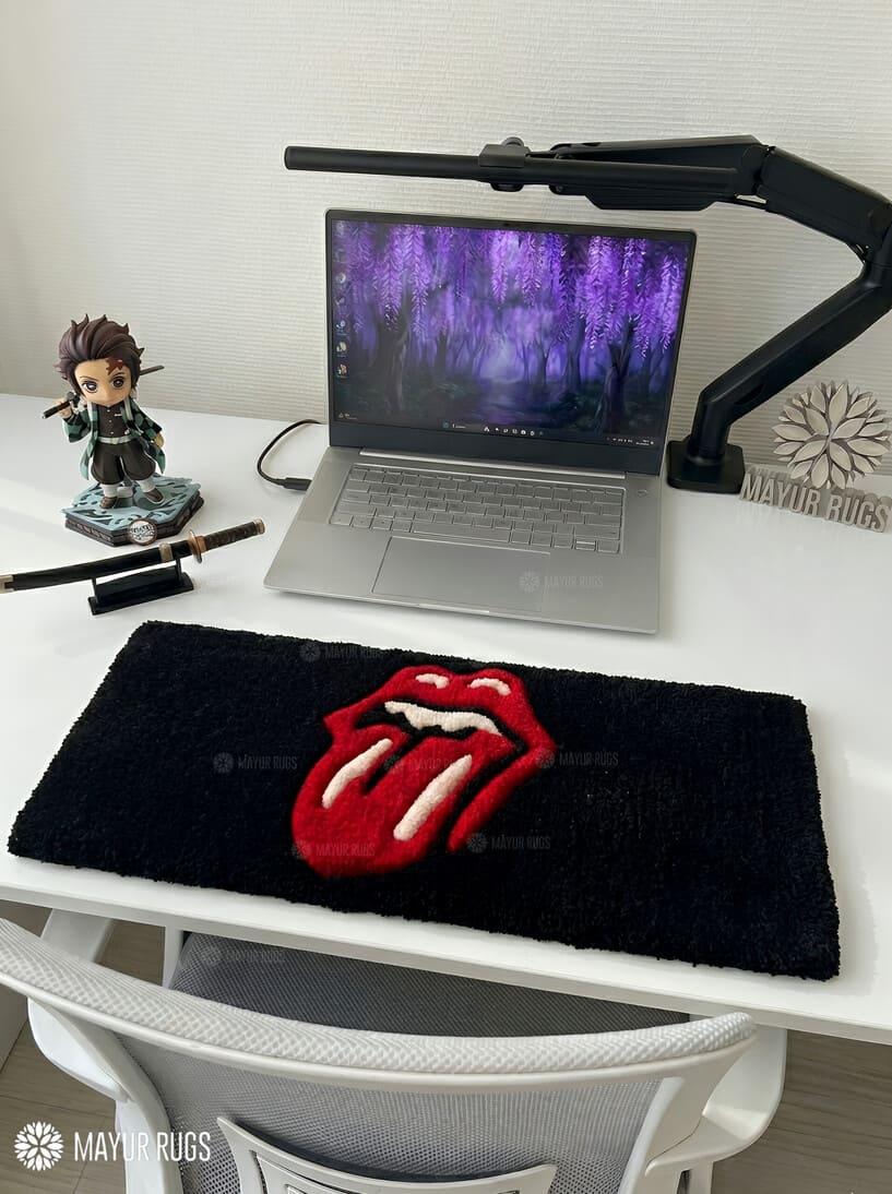 Rolling Stones Inspired hand-tufted keyboard rug with iconic rock band gaming desk setup aesthetic by Mayur Rugs