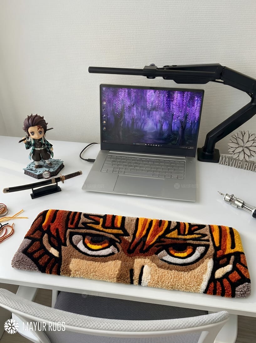 Zenitsu eyes hand-tufted wool keyboard rug featuring Demon Slayer anime artwork by Mayur Rugs