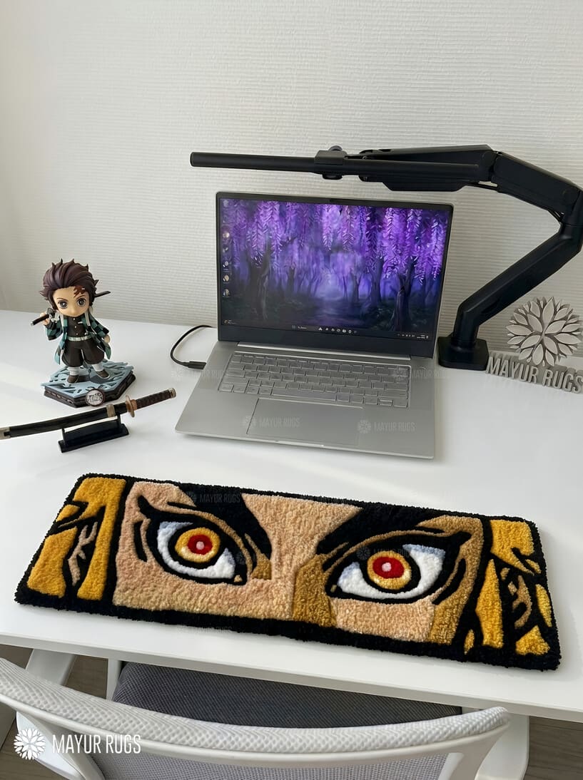 Rengoku eyes hand-tufted wool keyboard rug featuring Demon Slayer anime artwork by Mayur Rugs