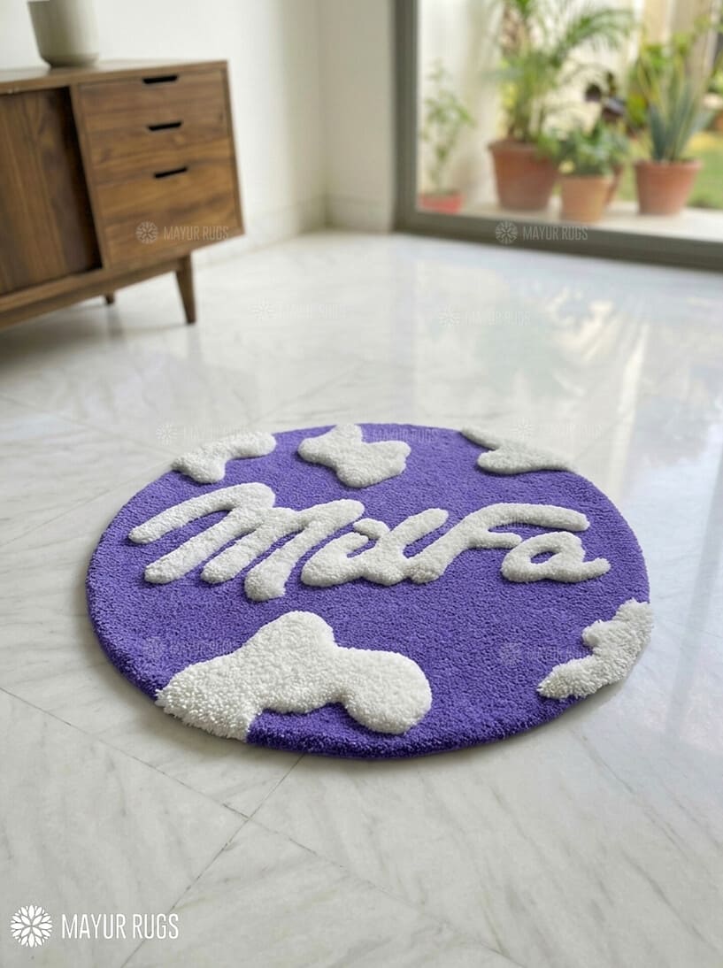 Handtufted MILFA cow pattern wool rug with purple Y2K aesthetic and bold typography design by Mayur Rugs