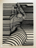 Abstract human illusion hand tufted wool rug featuring black and white optical art contour line design by Mayur Rugs