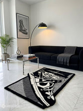 High-top sneaker hand-tufted wool rug featuring monochrome streetwear-inspired footwear artwork by Mayur Rugs
