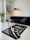 High-top sneaker hand-tufted wool rug featuring monochrome streetwear-inspired footwear artwork by Mayur Rugs