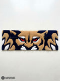Lion face hand tufted keyboard rug featuring intense red eyes and bold wildlife artwork by Mayur Rugs