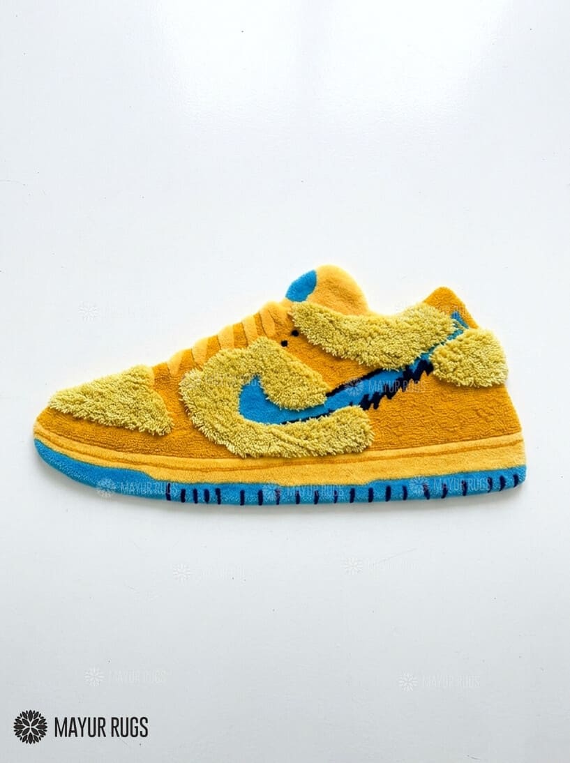 3D sneaker hand tufted wool rug featuring streetwear inspired footwear artwork by Mayur Rugs