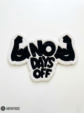 No Days Off hand tufted wool rug featuring motivational gym typography and flexing arm artwork by Mayur Rugs