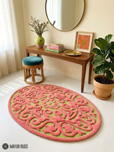 Pink floral medallion loop and cut wool rug featuring ornamental botanical pattern by Mayur Rugs