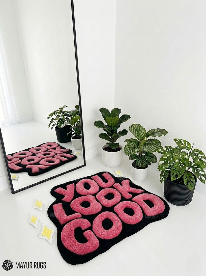 You Look Good hand tufted 3D wool rug featuring motivational typography artwork by Mayur Rugs