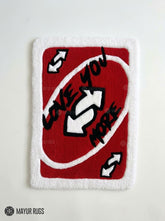 UNO Reverse Love You More hand tufted area rug for couples featuring romantic card inspired design by Mayur Rugs