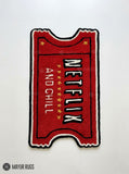 Netflix and Chill inspired hand tufted wool rug featuring movie ticket artwork by Mayur Rugs