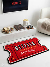 Netflix and Chill inspired hand tufted wool rug featuring movie ticket artwork by Mayur Rugs