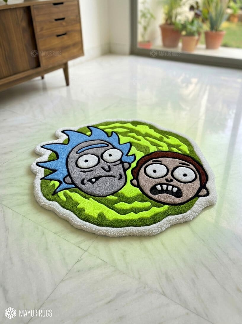 Rick and Morty inspired portal hand tufted wool rug featuring cartoon-inspired portal artwork by Mayur Rugs.