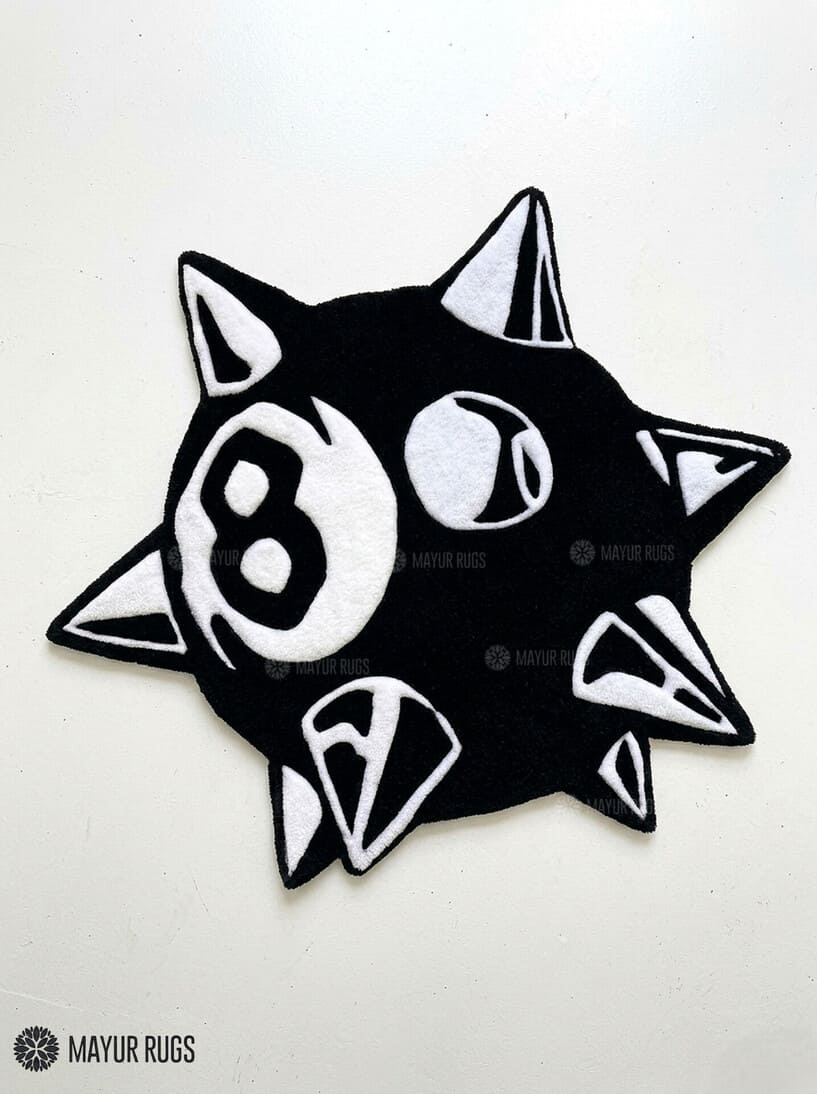 Evil 8 Ball Spiky Custom hand tufted wool rug featuring gothic cartoon character artwork by Mayur Rugs.