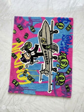 Inspired Monopoly money jet hand tufted wool area rug featuring luxury pop art, private jet, and graffiti-inspired artwork by Mayur Rugs.