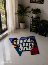 GTA VI hand tufted custom wool rug featuring fan-inspired Grand Theft Auto 6 artwork by Mayur Rugs.