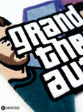 GTA VI hand tufted custom wool rug featuring fan-inspired Grand Theft Auto 6 artwork by Mayur Rugs.