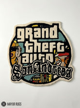 Grand Theft Auto San Andreas logo hand tufted custom wool rug featuring fan-inspired gaming artwork by Mayur Rugs.