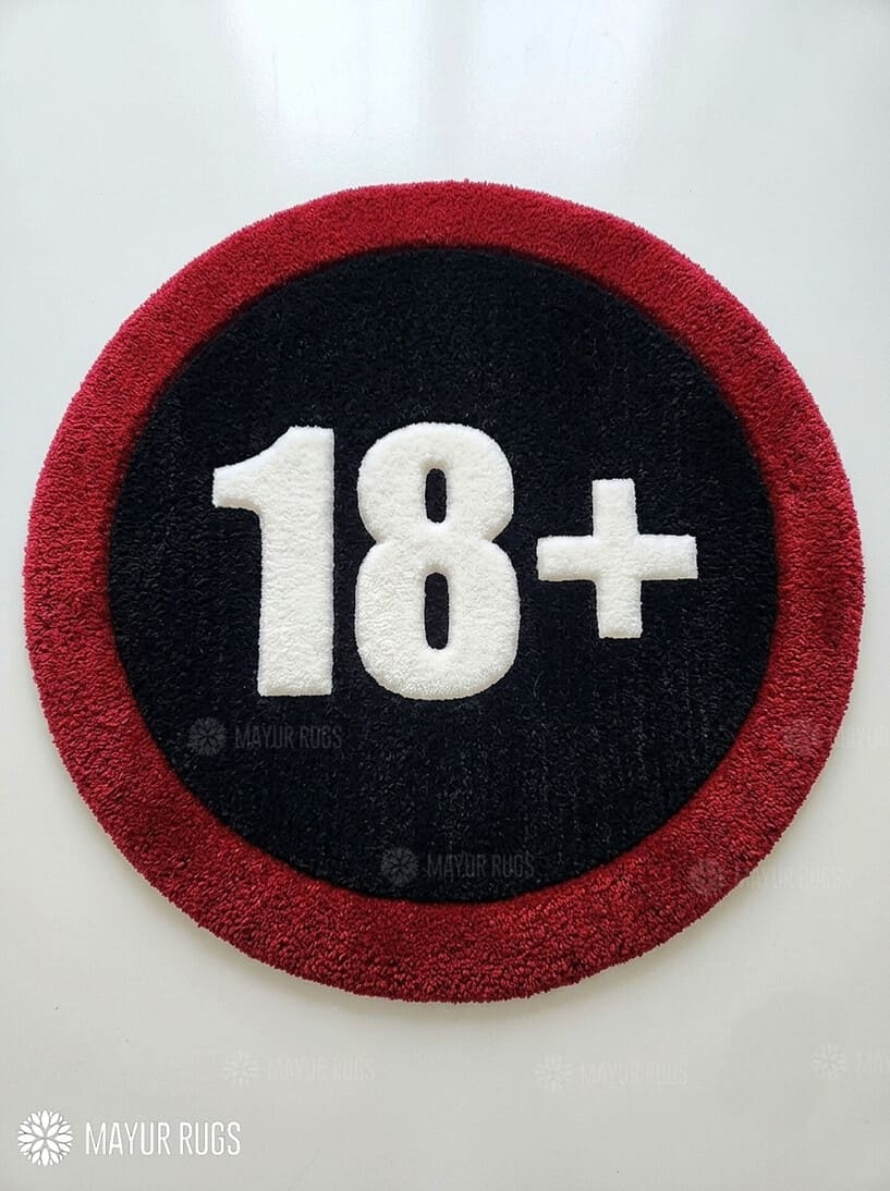18+ warning sign hand-tufted rug handmade in India by Mayur Rugs featuring a bold circular graphic design for gaming rooms and modern décor.