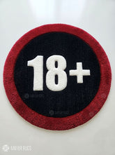 18+ warning sign hand-tufted rug handmade in India by Mayur Rugs featuring a bold circular graphic design for gaming rooms and modern décor.
