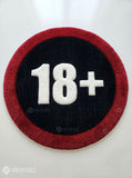 18+ warning sign hand-tufted rug handmade in India by Mayur Rugs featuring a bold circular graphic design for gaming rooms and modern décor.
