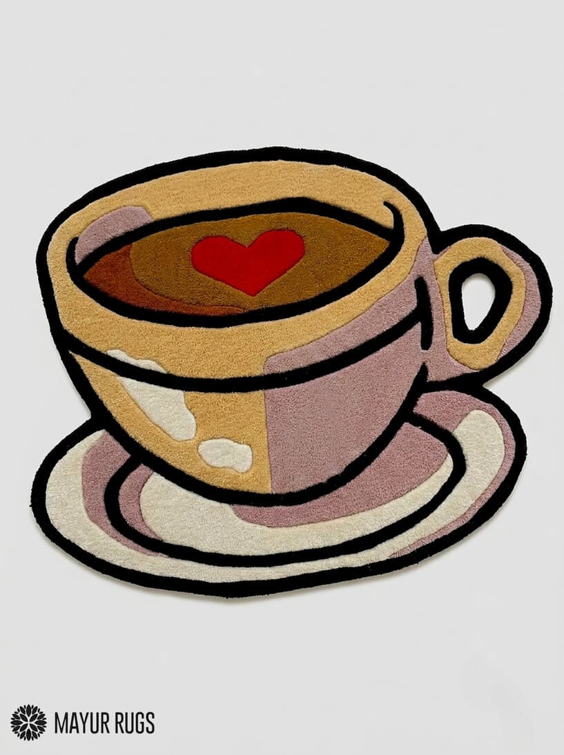 Heart coffee cup hand-tufted rug handmade in India by Mayur Rugs featuring a cozy latte art coffee mug design for café-inspired home décor.