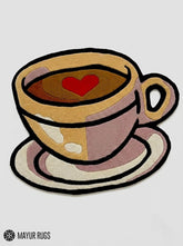 Heart coffee cup hand-tufted rug handmade in India by Mayur Rugs featuring a cozy latte art coffee mug design for café-inspired home décor.