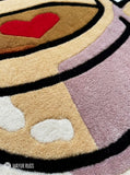 Heart coffee cup hand-tufted rug handmade in India by Mayur Rugs featuring a cozy latte art coffee mug design for café-inspired home décor.