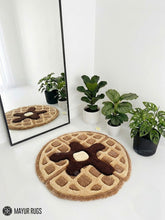 Chocolate waffle cookie hand-tufted rug handmade in India by Mayur Rugs featuring realistic waffle details with chocolate syrup and butter in a soft food-inspired design.