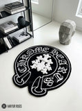 Chrome Hearts inspired gothic 3D hand-tufted custom wool rug featuring Old English lettering, gothic cross artwork, and black and white streetwear styling by Mayur Rugs.