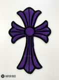 Chrome Hearts inspired purple gothic cross hand-tufted custom wool rug featuring raised sculptural detailing, a black outline, and Y2K streetwear styling by Mayur Rugs.