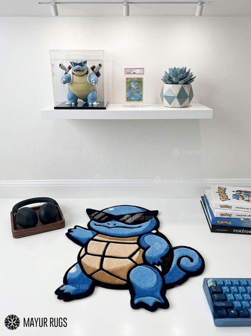 Cool Squirtle Squad hand-tufted custom wool rug featuring a blue Squirtle character wearing black sunglasses with a tan shell and curled tail by Mayur Rugs.