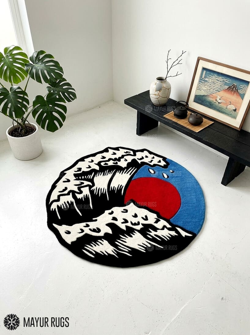The Great Wave off Kanagawa hand-tufted wool area rug featuring Hokusai’s iconic Japanese wave artwork with blue waves, white foam, boats, and Mount Fuji by Mayur Rugs.