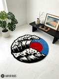 The Great Wave off Kanagawa hand-tufted wool area rug featuring Hokusai’s iconic Japanese wave artwork with blue waves, white foam, boats, and Mount Fuji by Mayur Rugs.