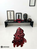Sukuna cursed finger hand-tufted custom wool rug featuring dark red, black, and cream Jujutsu Kaisen anime artwork by Mayur Rugs.