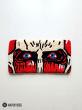 Attack on Titan inspired hand-tufted keyboard rug featuring dramatic anime character artwork in red, black, cream, and blue for gaming desk and anime room décor by Mayur Rugs.