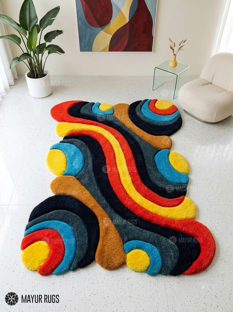 Wavy abstract hand-tufted 3D wool area rug featuring colorful sculptural curves and organic shapes in red, yellow, blue, orange, teal, charcoal, and navy by Mayur Rugs.