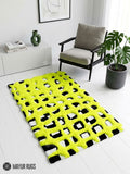 Neon green 3D lattice hand-tufted wool area rug featuring a raised fluffy geometric grid pattern over a black-and-white base for modern contemporary interiors by Mayur Rugs.