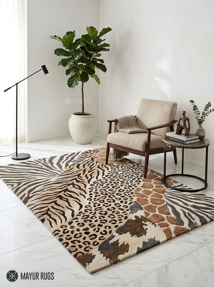 Safari animal print hand-tufted wool area rug featuring zebra stripes, leopard spots, giraffe markings, and tiger-inspired patterns in neutral brown, beige, cream, and charcoal tones by Mayur Rugs.