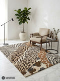 Safari animal print hand-tufted wool area rug featuring zebra stripes, leopard spots, giraffe markings, and tiger-inspired patterns in neutral brown, beige, cream, and charcoal tones by Mayur Rugs.