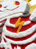 Pikachu skeleton inspired 3D hand-tufted custom Pokémon rug featuring a yellow Pikachu-inspired character with white and grey skeleton detailing, red accents, pointed ears, and lightning-bolt tail by Mayur Rugs.