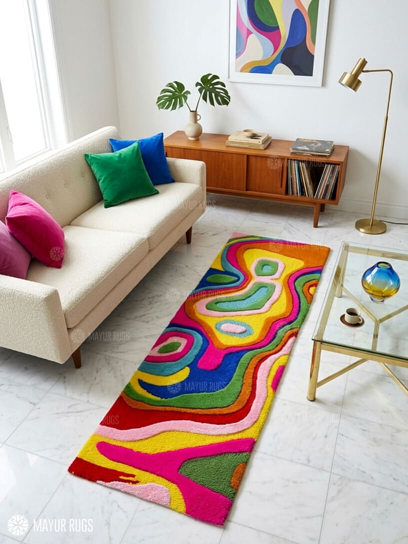 Colorful wavy abstract hand-tufted wool runner rug featuring flowing pink, yellow, green, blue, orange, red, and pastel organic patterns in a vibrant modern design by Mayur Rugs.