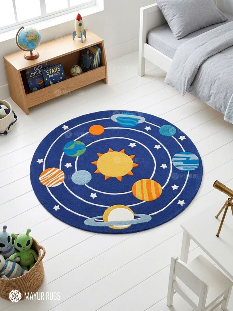 Kids solar system hand-tufted wool area rug featuring a colorful sun, planets, orbital rings, and stars on a deep blue space-themed background by Mayur Rugs.