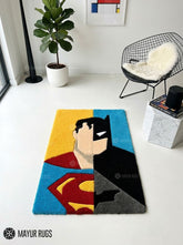 Superman x Batman fan art hand-tufted custom wool rug featuring bold DC superhero-inspired red, blue, and black artwork for comic and gaming room décor by Mayur Rugs.