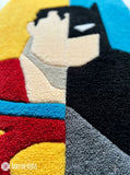 Superman x Batman fan art hand-tufted custom wool rug featuring bold DC superhero-inspired red, blue, and black artwork for comic and gaming room décor by Mayur Rugs.