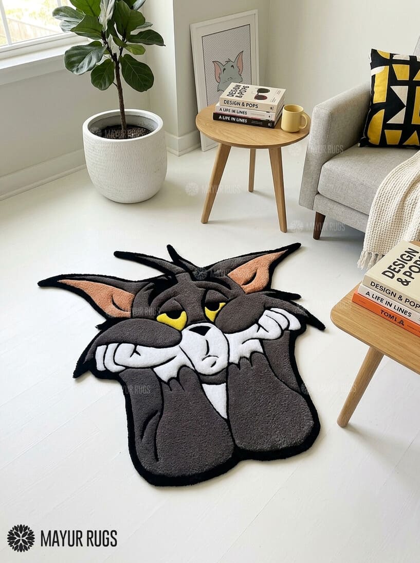 Tom inspired Tom & Jerry hand-tufted custom wool rug featuring a grey cartoon cat character with yellow eyes, white muzzle, pointed ears, oversized paws, and detailed 3D artwork by Mayur Rugs.