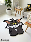 Tom inspired Tom & Jerry hand-tufted custom wool rug featuring a grey cartoon cat character with yellow eyes, white muzzle, pointed ears, oversized paws, and detailed 3D artwork by Mayur Rugs.