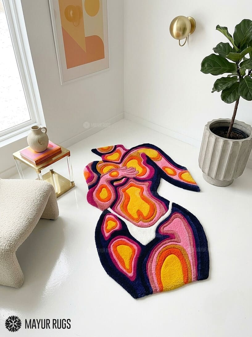 Thermal body art hand-tufted custom wool rug featuring psychedelic layered pink, orange, yellow, magenta, navy, and white contour artwork with a 3D sculptural design by Mayur Rugs.