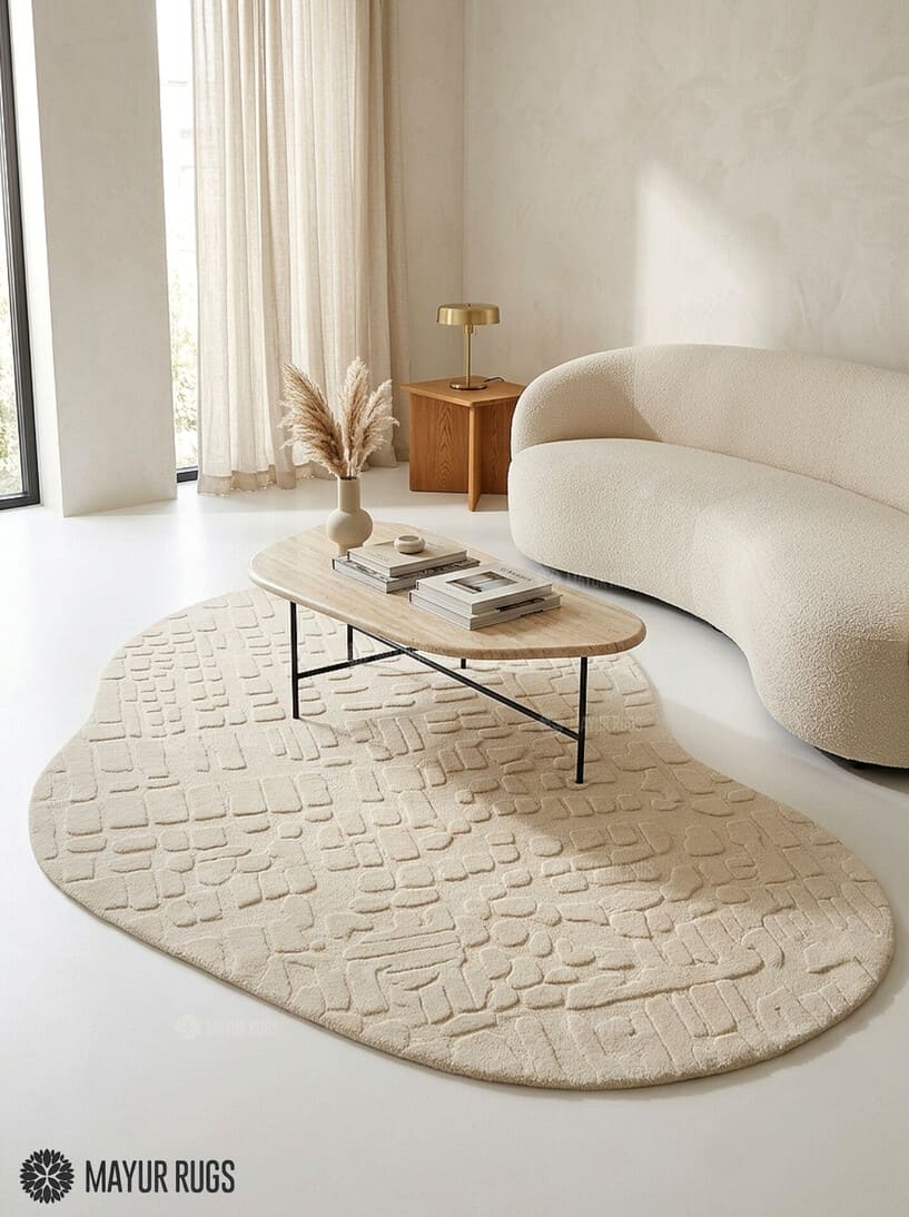 Ivory organic loop and cut hand-tufted wool area rug featuring raised abstract textured patterns and an irregular rounded shape for modern neutral interiors by Mayur Rugs.